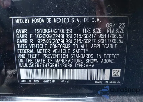 2024 Honda Hr-V 2Wd Ex-L/2Wd Ex-L W/O Bsi из США, поврежденный, VIN 3CZRZ1H73RM718098